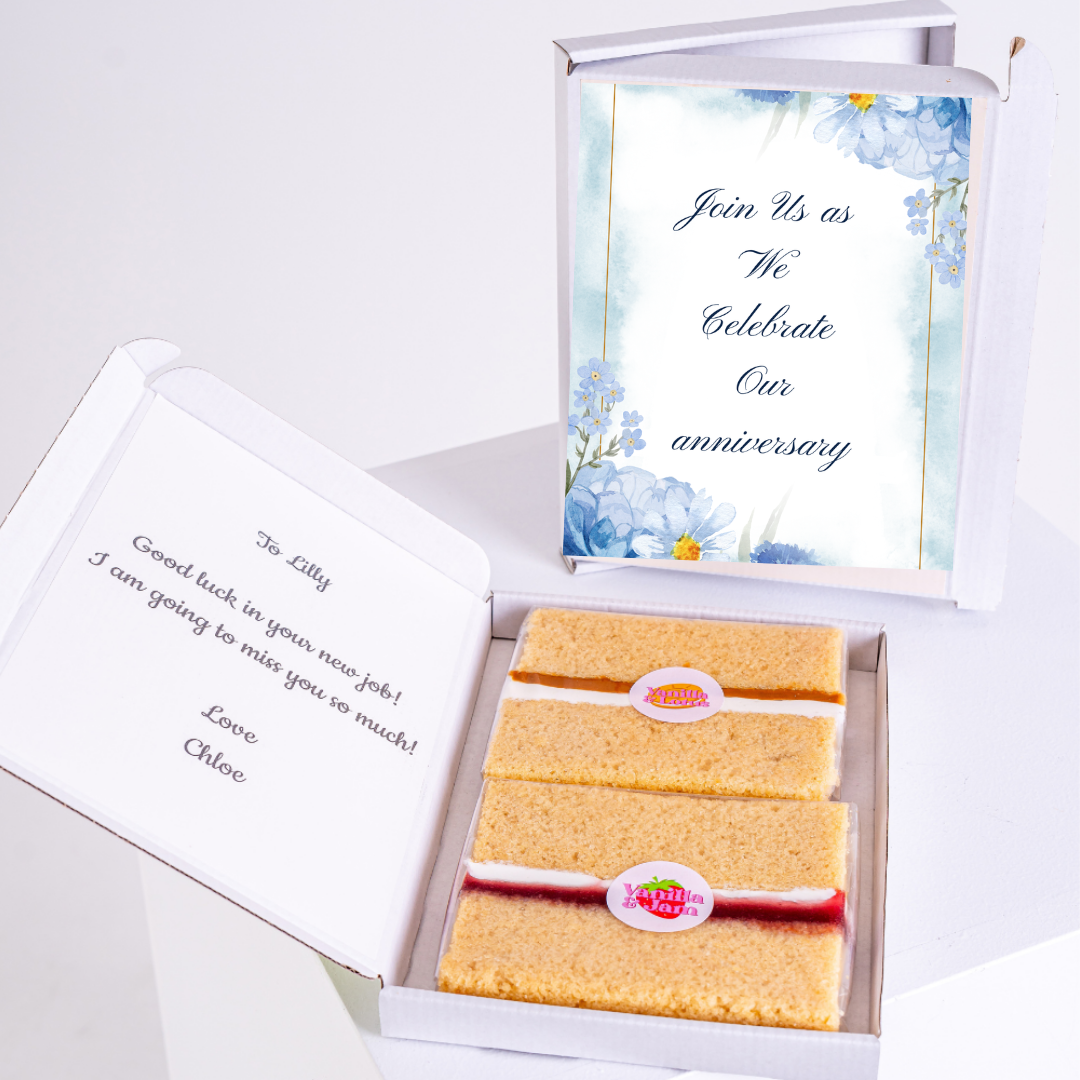 Anniversary cake gift with Join Us card, farewell message for Lilly.
