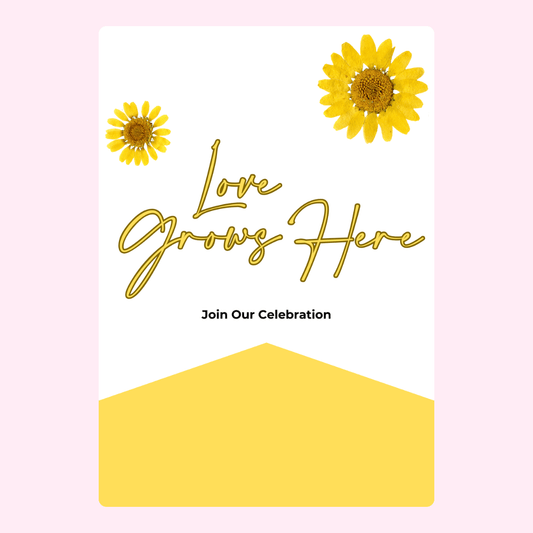 Love Grows Here celebration design with sunflowers