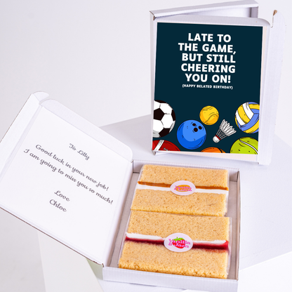Cake gift box Late to the Game for Lilly, happy birthday & new job.