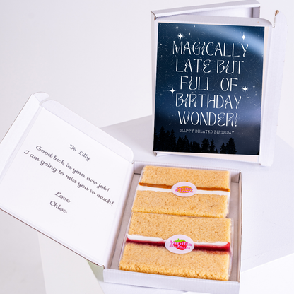 Birthday cake with Magically Late message and goodbye note