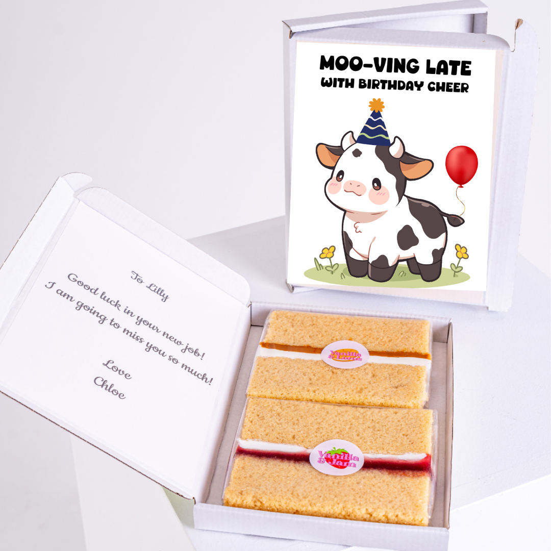 Birthday gift box with Moo-ving Late card and cake.