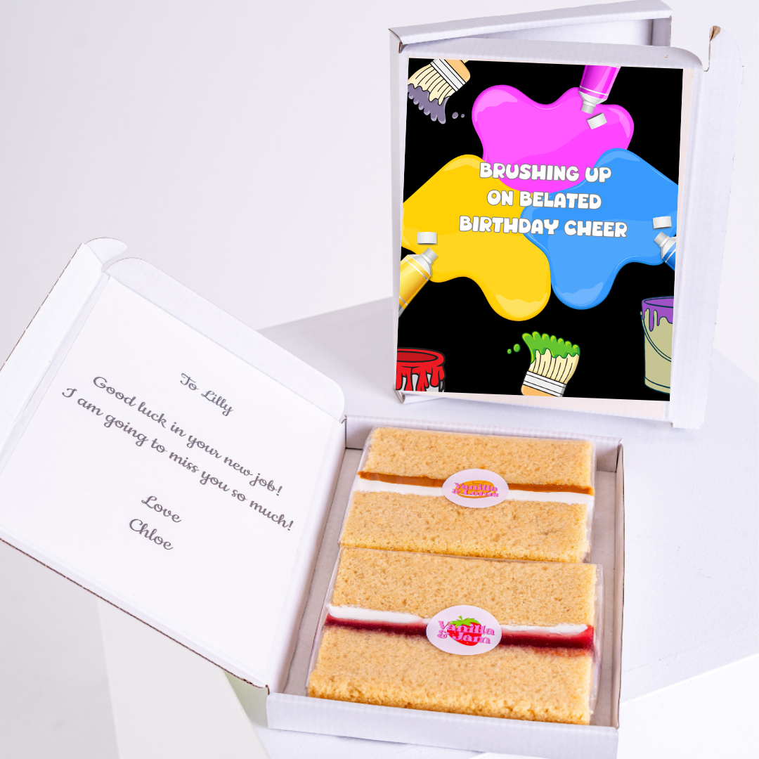 Birthday gift box with cake, card, and paint splatters, Nov 29 design.