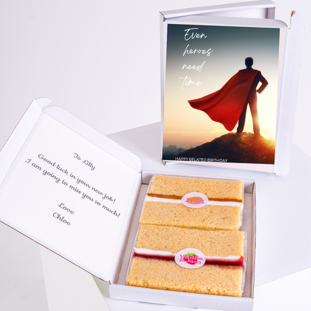 Gift box with cake and Even heroes need time card for Lilly.