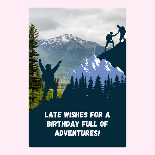 Birthday card with mountain adventure theme.
