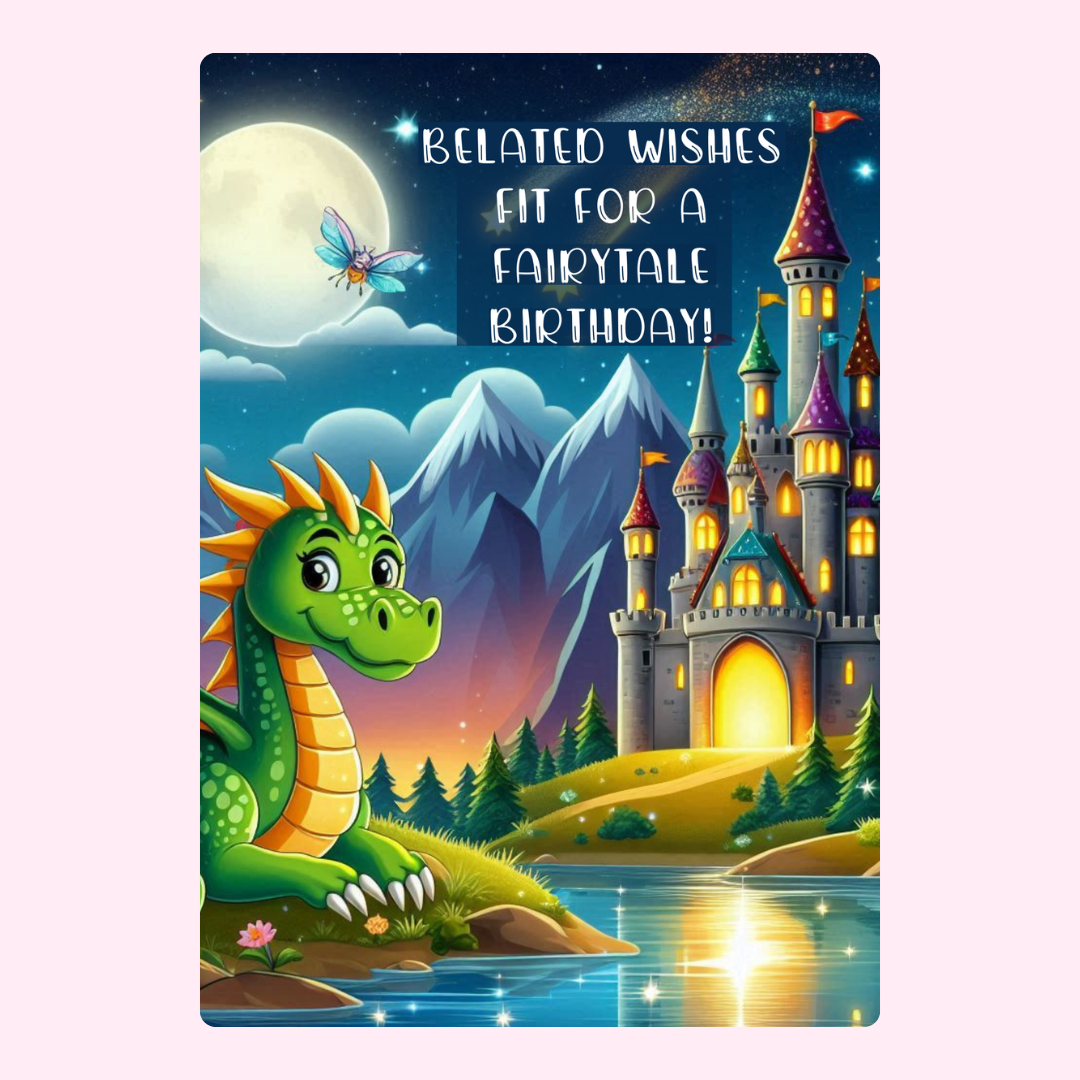 Fairytale birthday card with dragon and castle.
