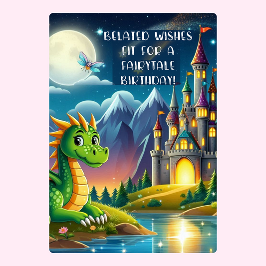 Fairytale birthday card with dragon and castle.