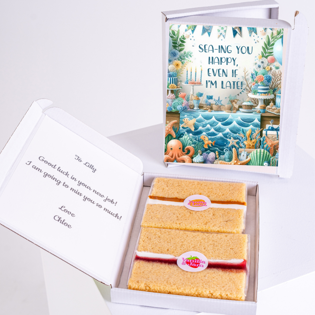 Farewell cake box with Sea-ing You Happy card.