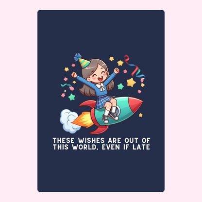 Birthday girl on a rocket with wishes, design from Nov 29, 2024.