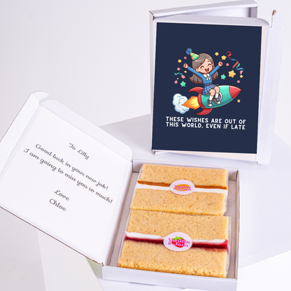 Farewell gift box for Lilly, with cake and Out of this world card.