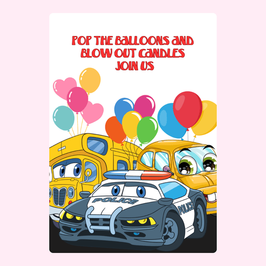 Birthday party invitation with cartoon cars and balloons.