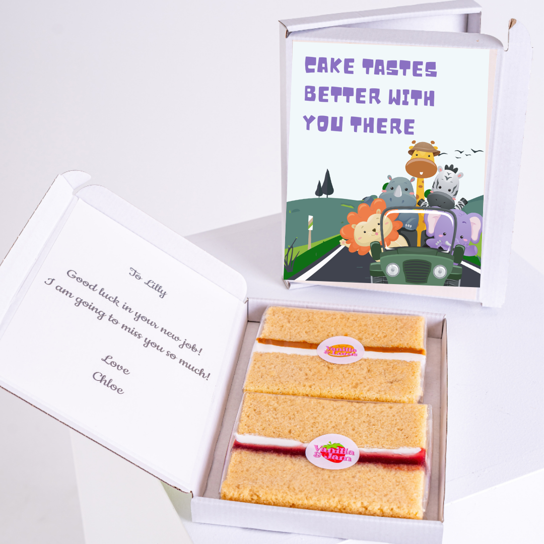 Cake box with Cake Tastes Better With You There card and message to Lilly.