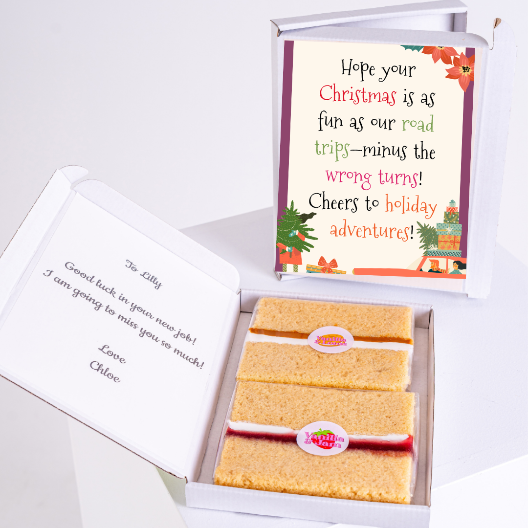 Christmas gift box with cake and card, Cheers to holiday adventures!