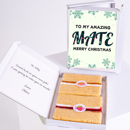 Christmas gift box for a new job with cake and a card.
