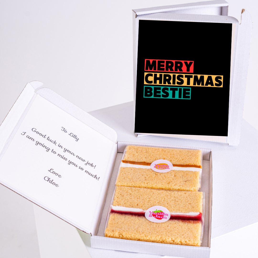 Christmas gift box for Lilly, featuring cake and Merry Christmas Bestie card.