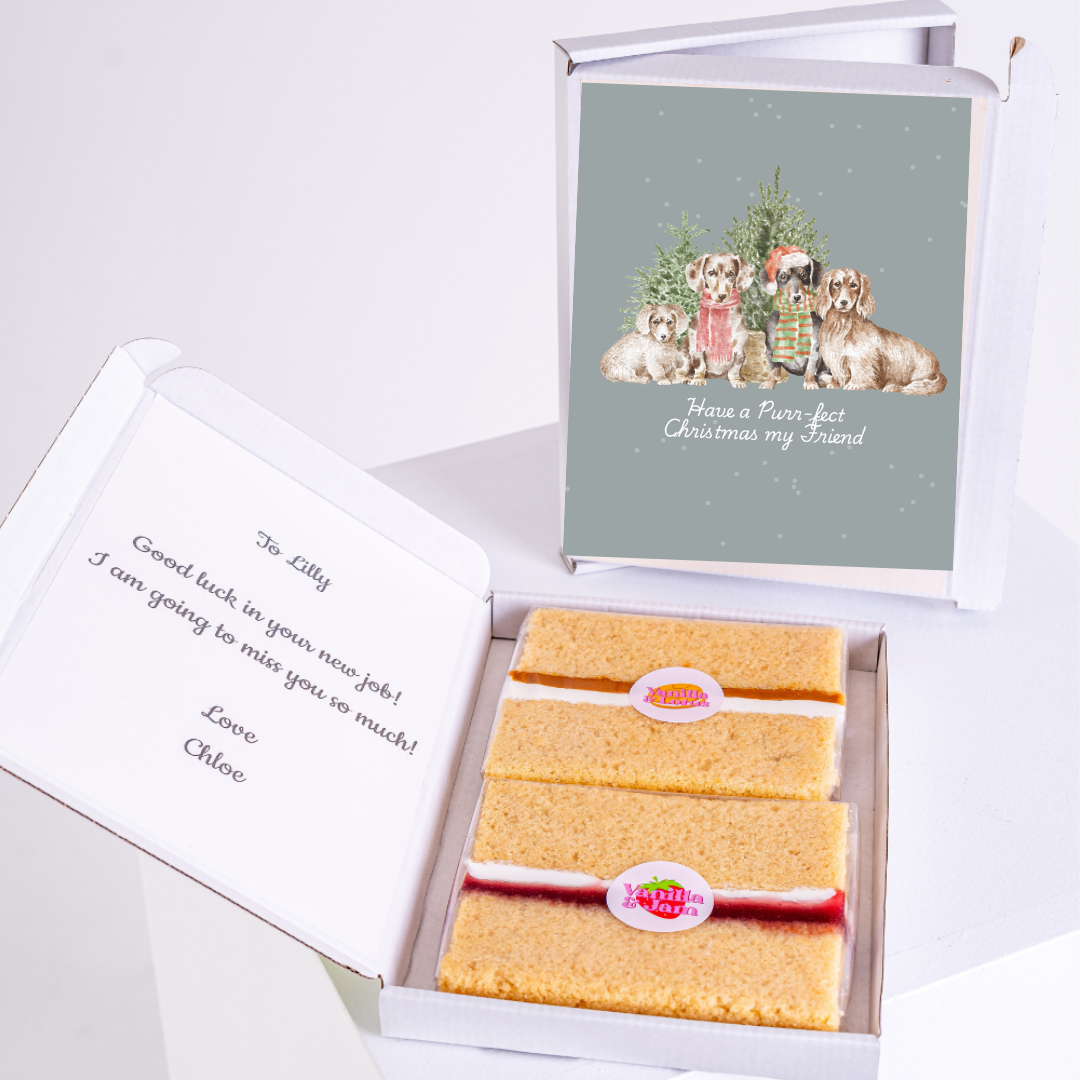 Christmas cake gift box for Lilly, featuring dog illustration.