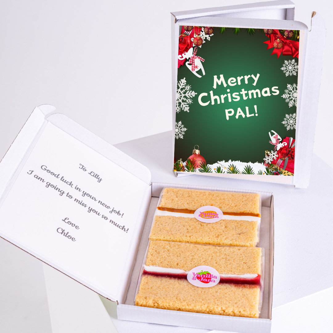 Christmas gift box with cake, Merry Christmas Pal card, & goodbye message.