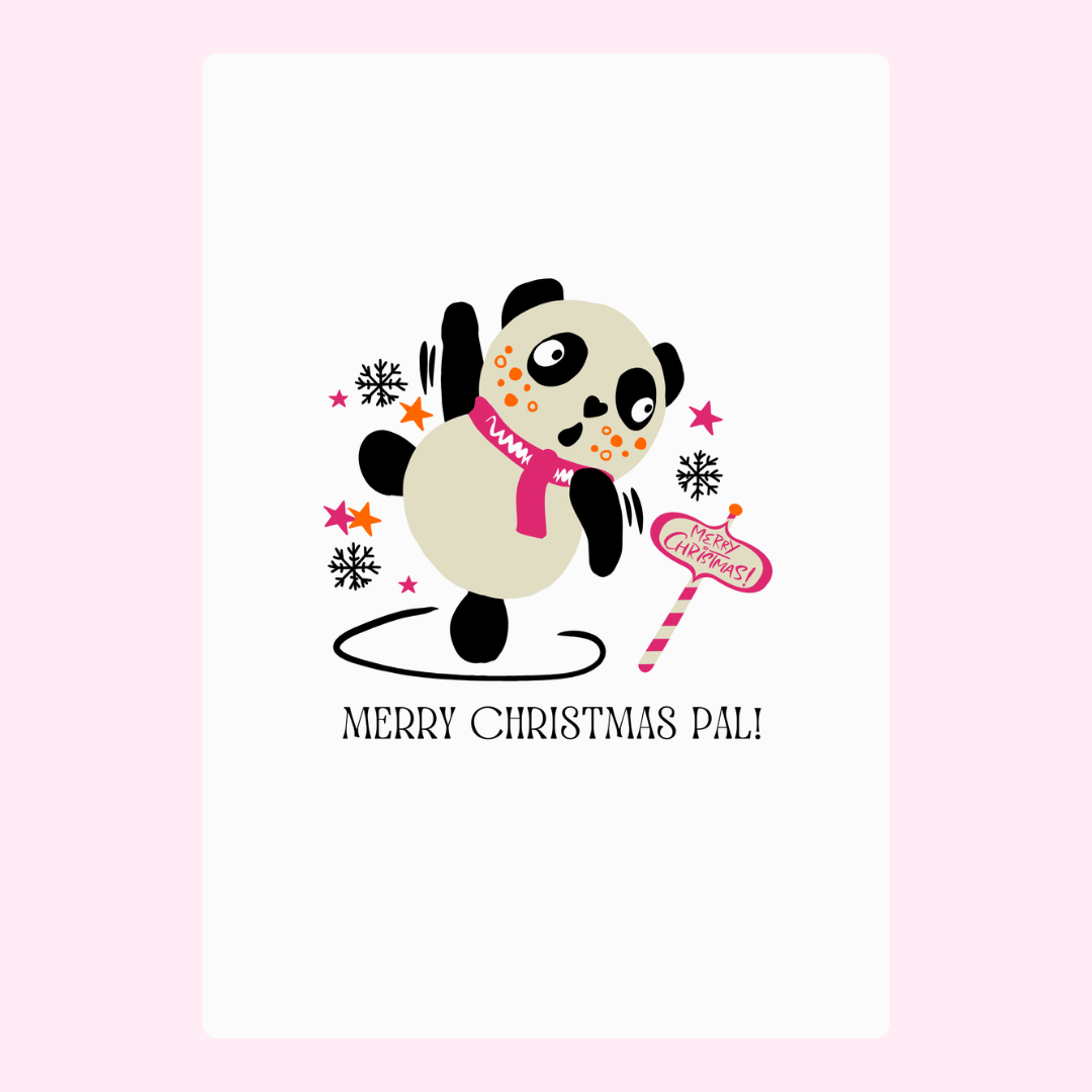 Christmas card with a panda skating and Merry Christmas Pal!