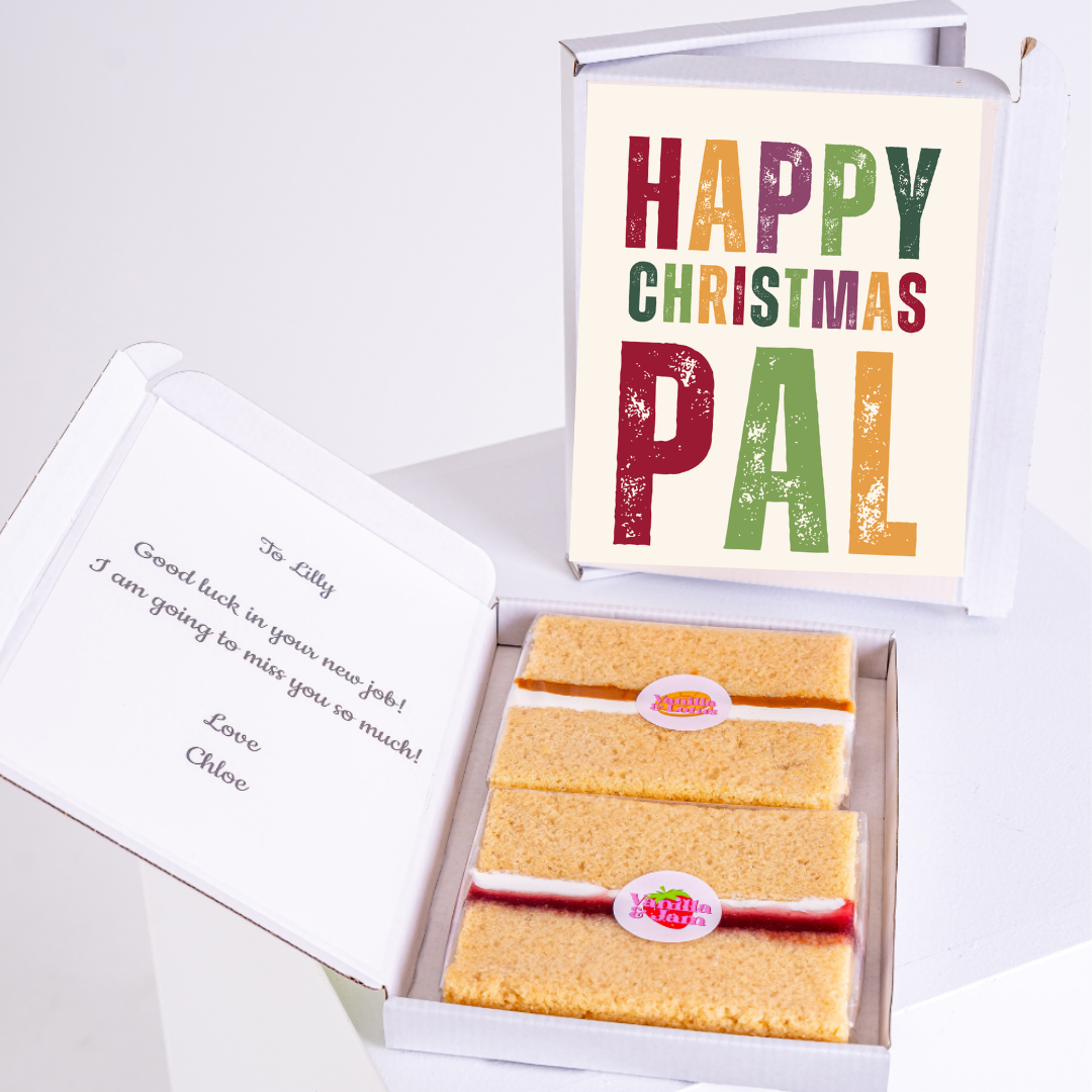 Christmas cake gift box with Happy Christmas Pal card, December 6, 2024.