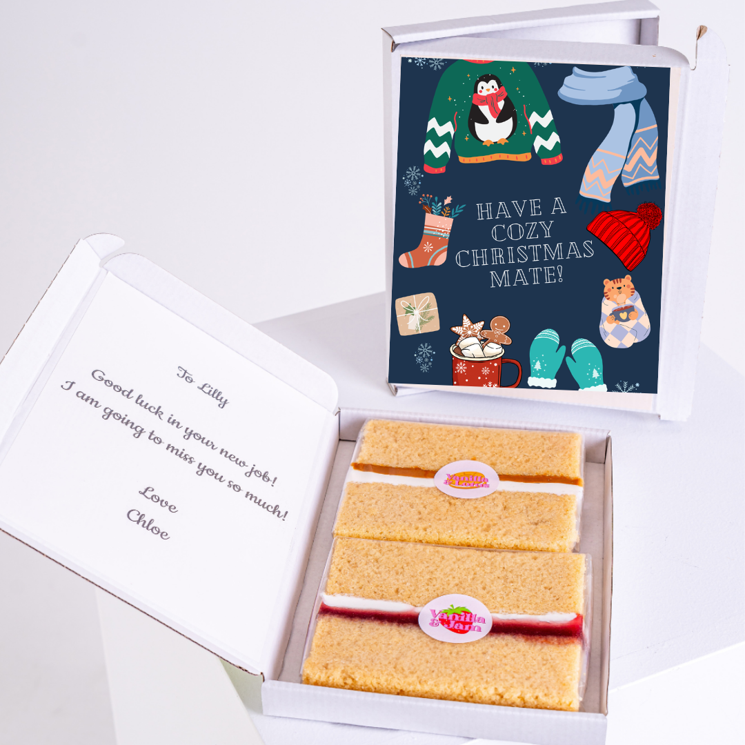 Christmas gift box with cake and cozy Christmas design.