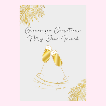 Christmas card design with gold champagne glasses, Cheers for Christmas.