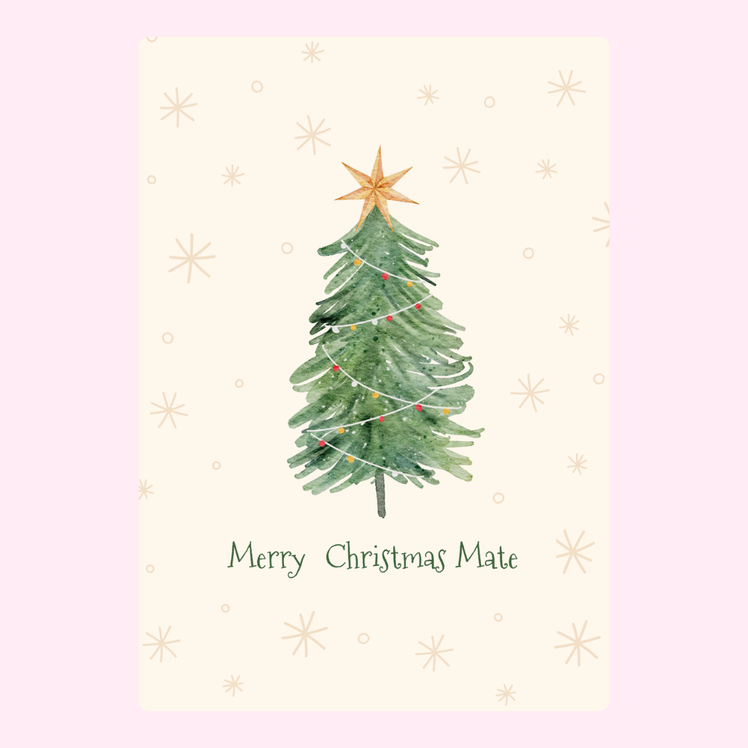 Christmas card design, Merry Christmas Mate, watercolor tree