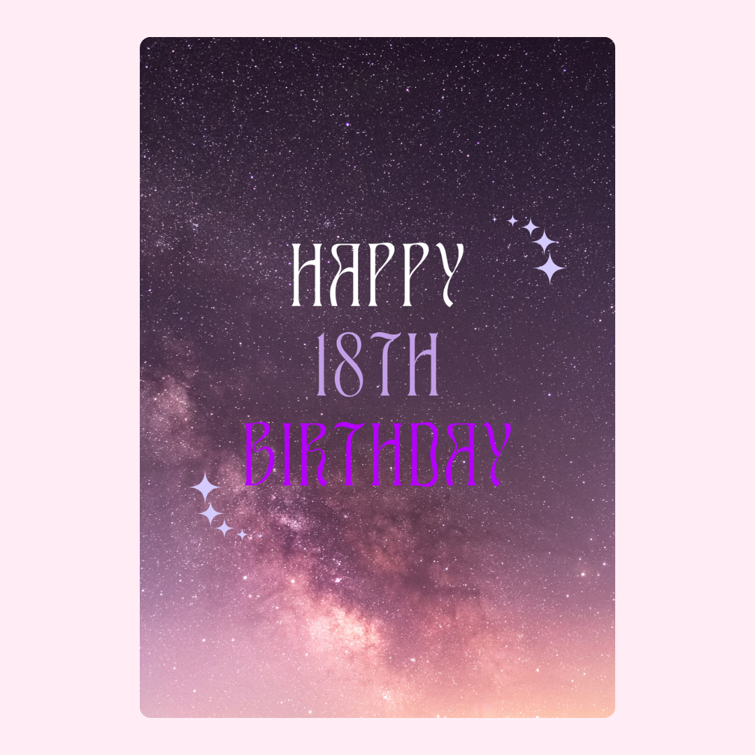 Happy 18th Birthday card with starry background.