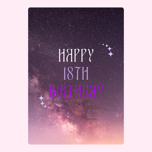 Happy 18th Birthday card with starry background.
