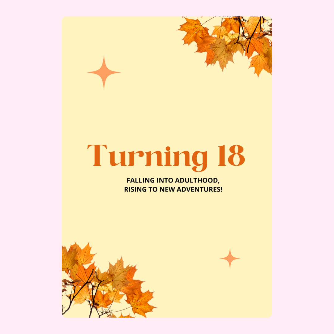 Turning 18 design with autumn leaves and stars.
