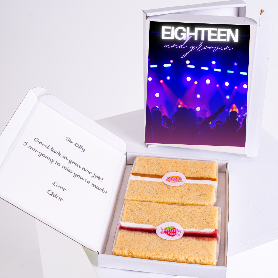 Eighteen & groovin' cake box gift, Dec 7 2024, to Lilly, good luck!