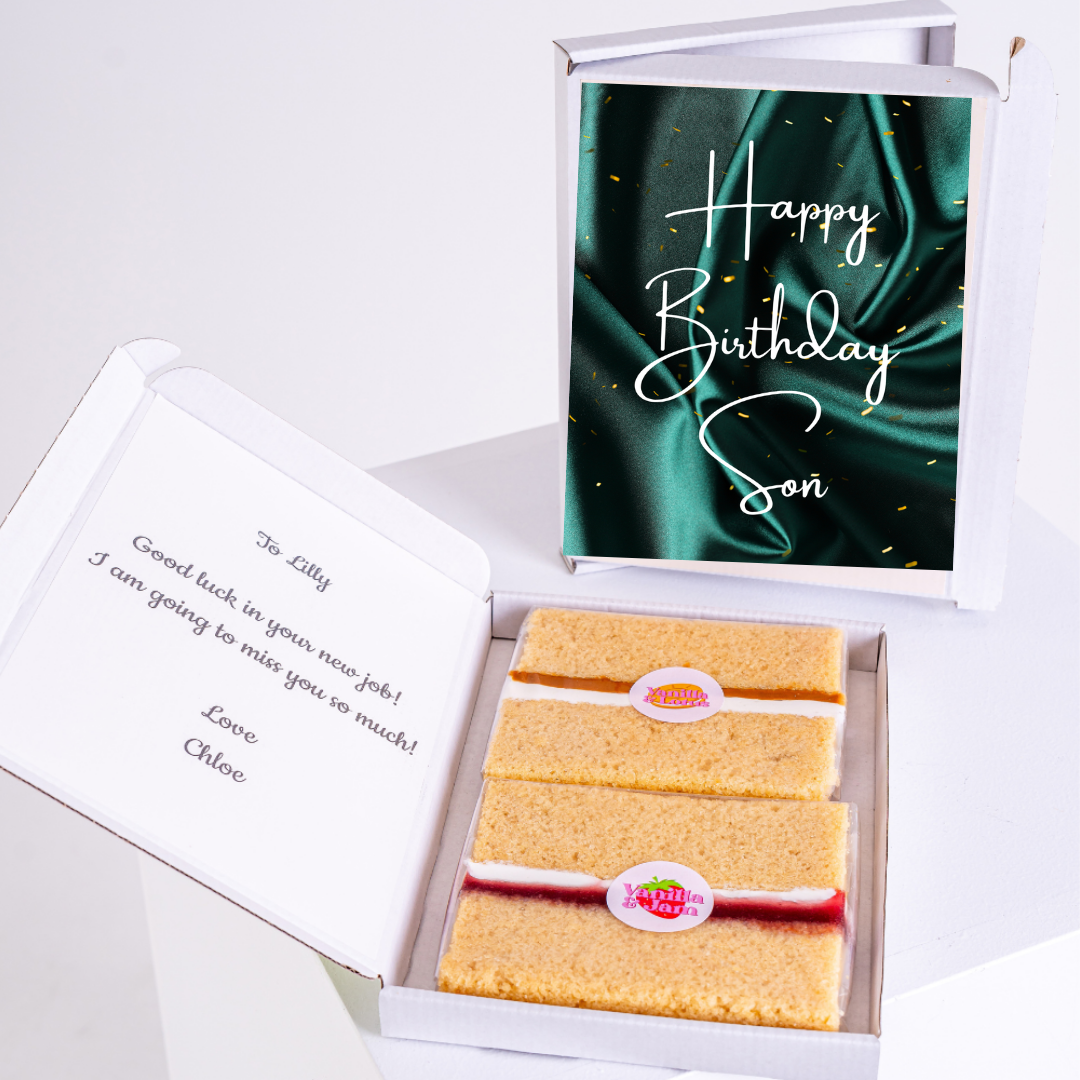 Birthday gift box with cake and card for son.