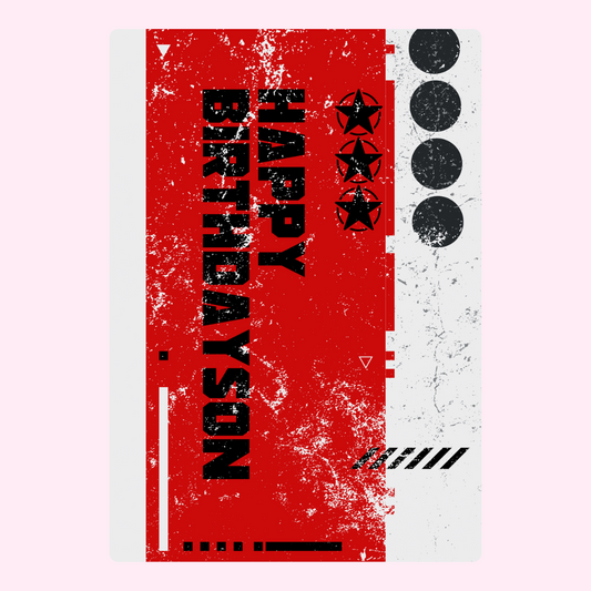 Happy Birthday Tayson card with distressed red design.