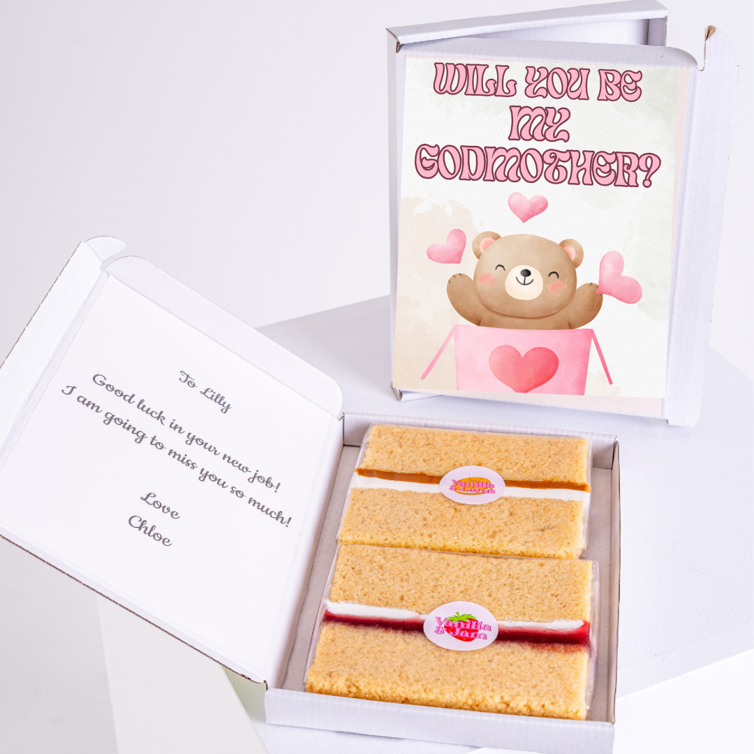 Godmother proposal cake box with message