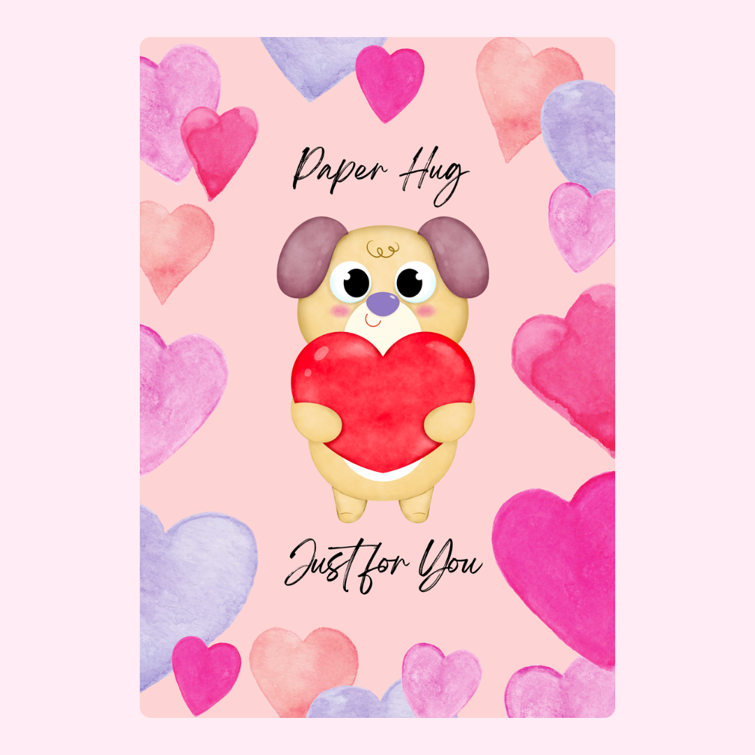 Paper Hug card with dog holding heart, Just For You
