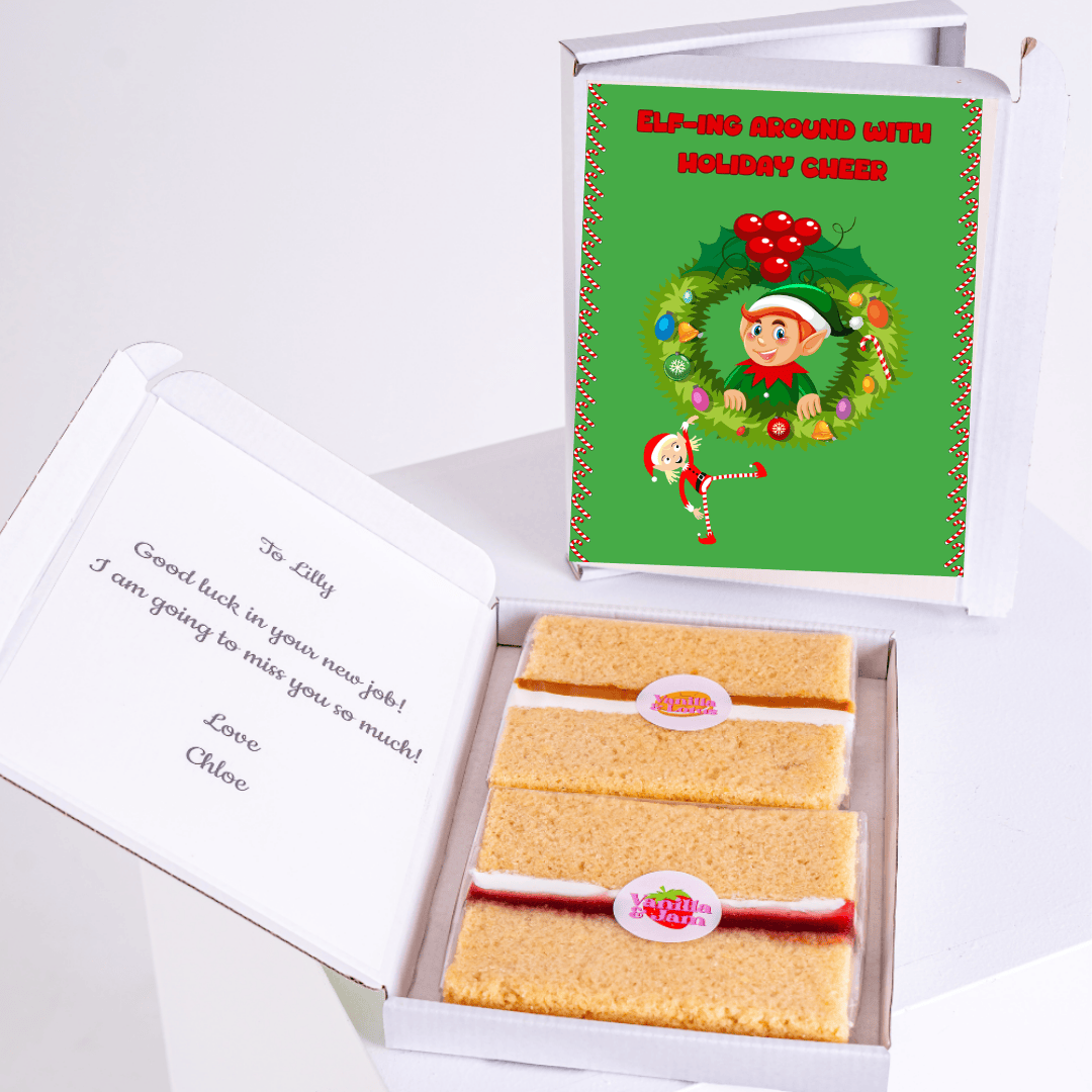 Elf-themed gift box with cake and note for Lilly.