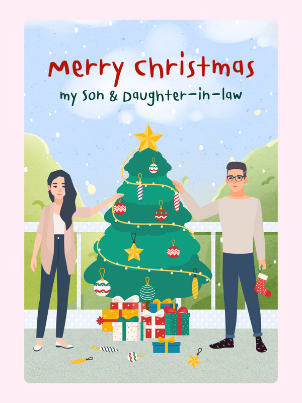 Christmas card for son and daughter-in-law with tree.