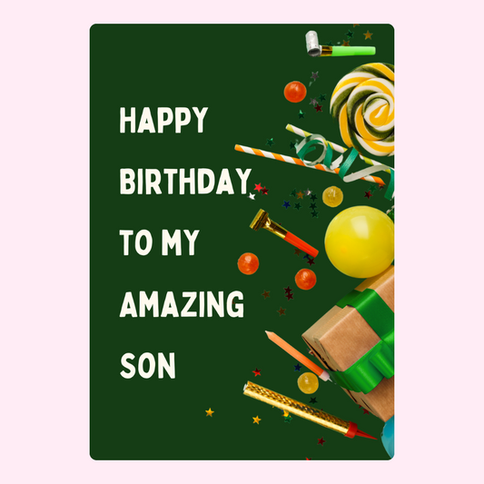 Happy Birthday card for son with gifts and decorations.
