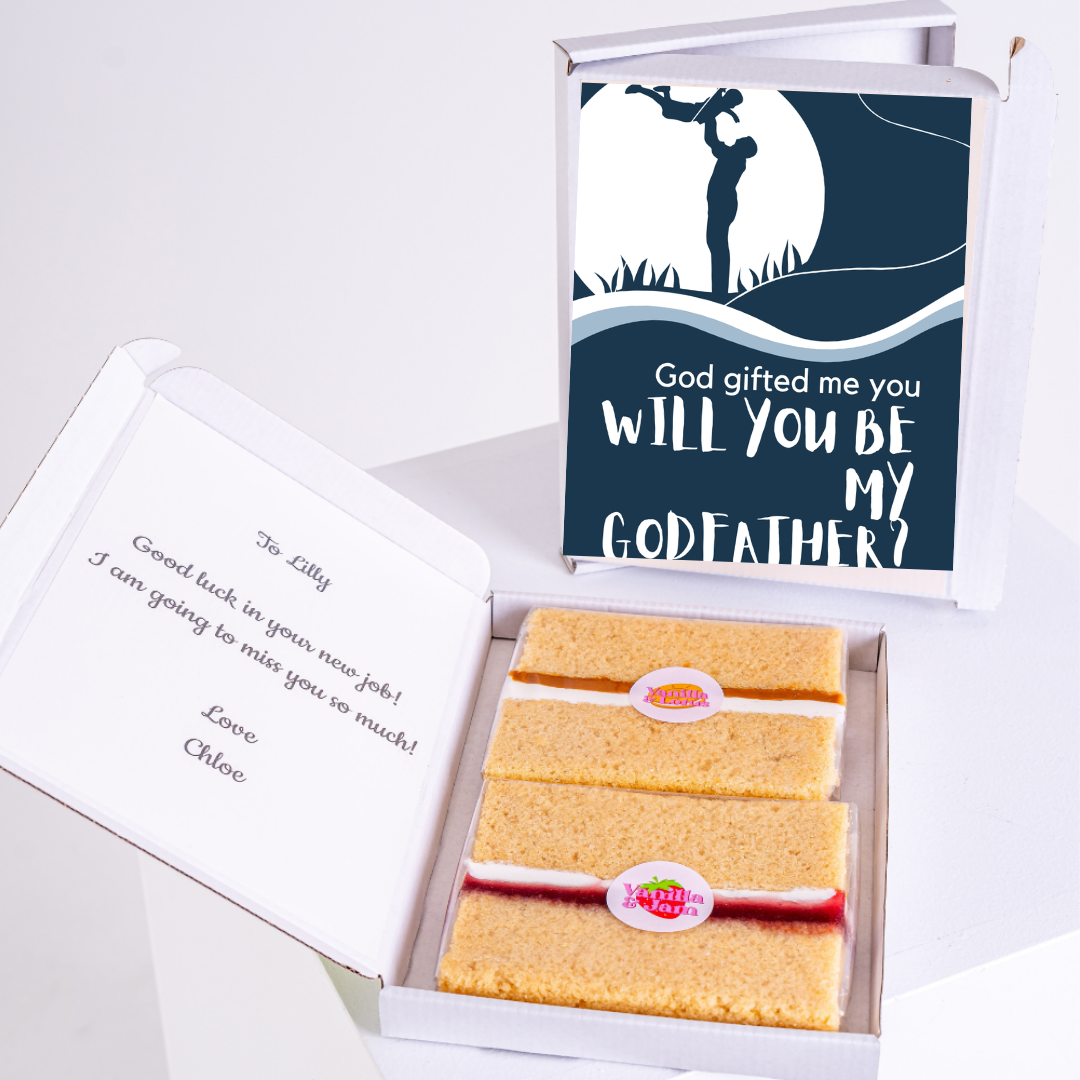 Gift box cake with Will you be my Godfather? card and farewell message.