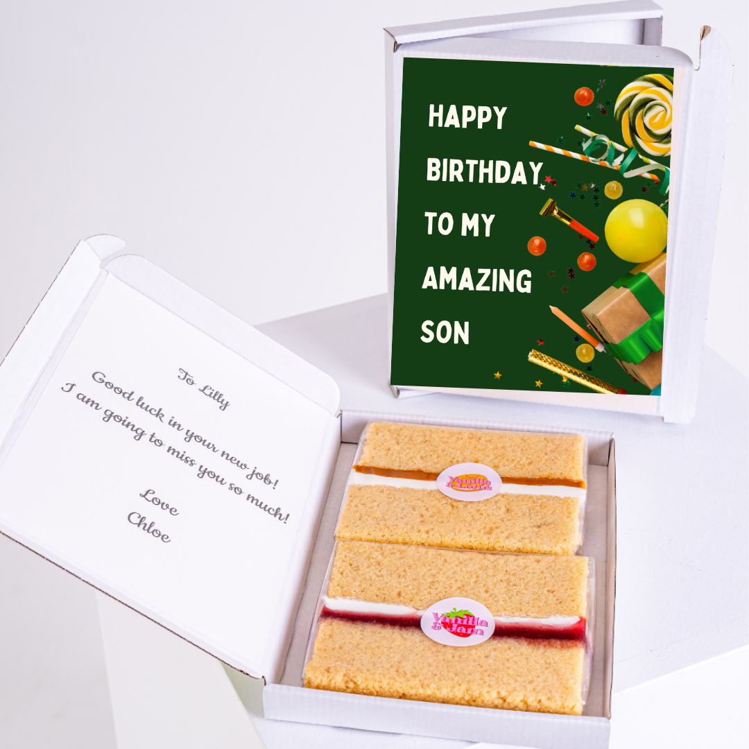 Birthday cake gift box for son, with card and message.