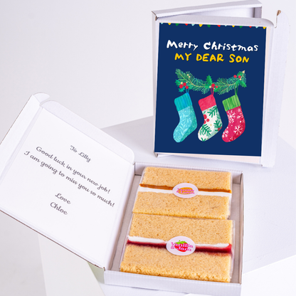 Christmas gift box for son, with cake & card to Lilly.