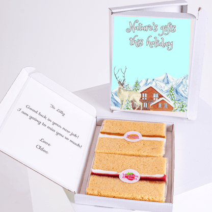 Gift box with cake & holiday scene, for Lilly's new job.