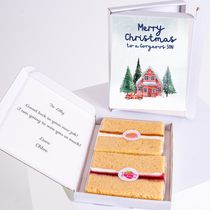 Christmas cake gift box with Merry Christmas to a Gorgeous Son card.