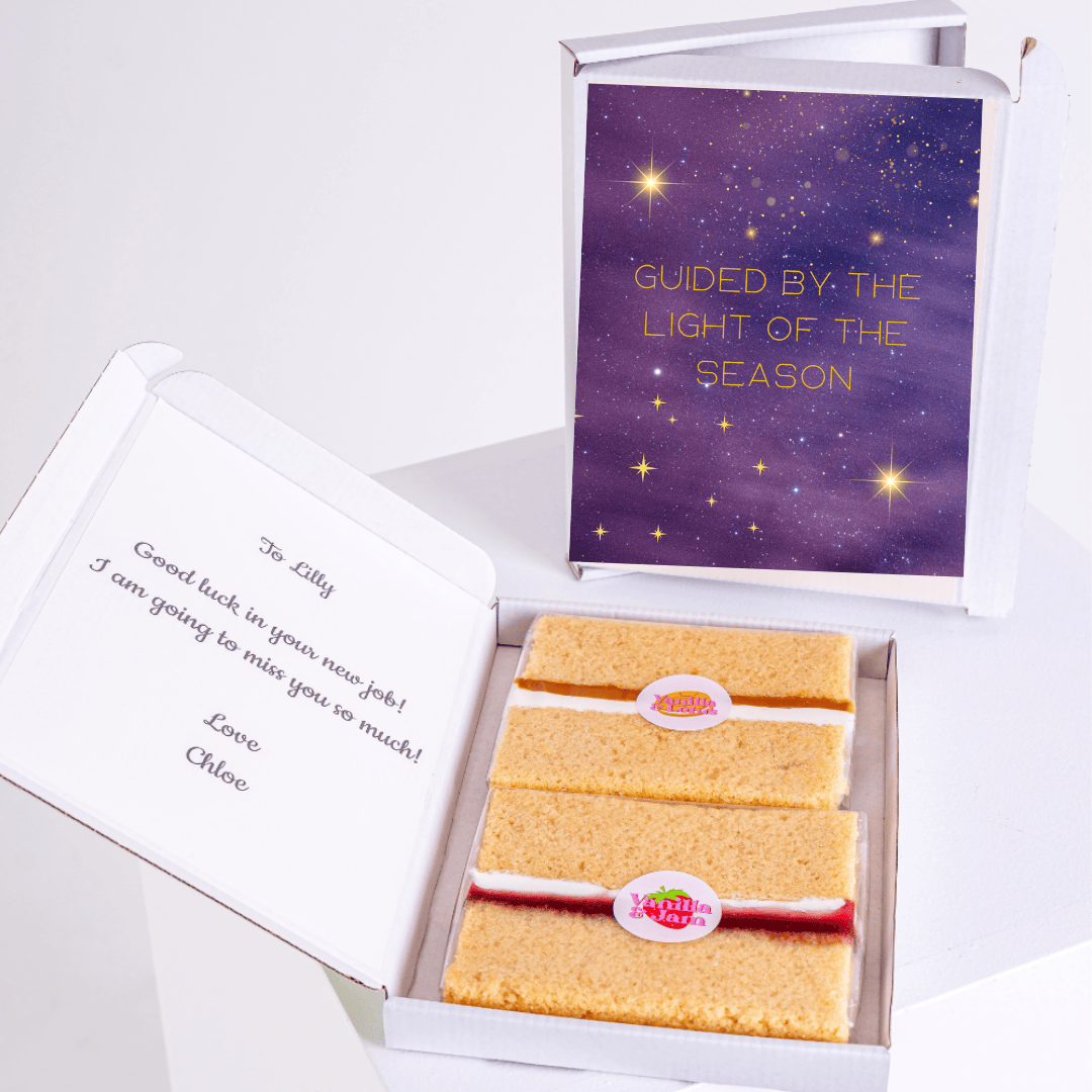 Cake gift box with Guided by the Light of the Season card.