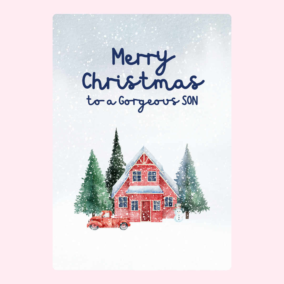 Christmas card for son with red house and trees