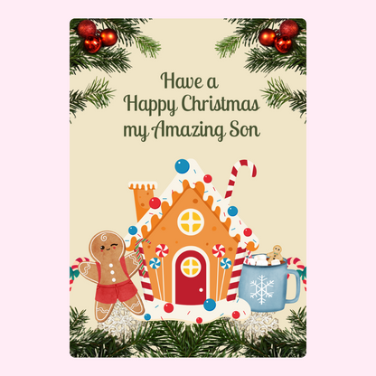 Christmas card for son with gingerbread house.
