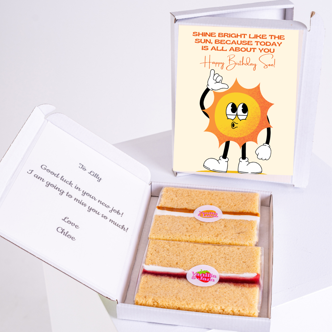 Birthday gift box with cake, card, and message for Lilly.