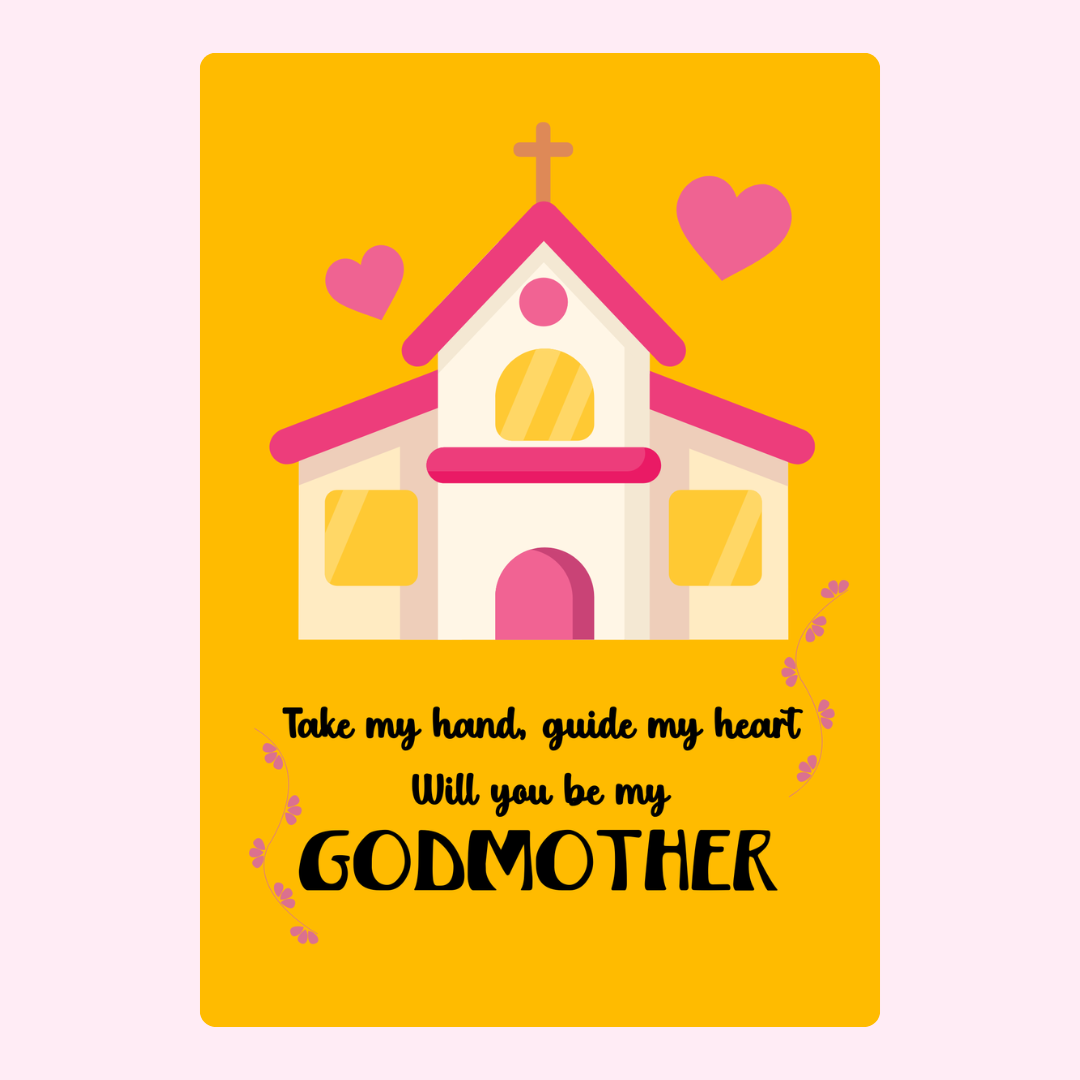 Godmother proposal card with church illustration.