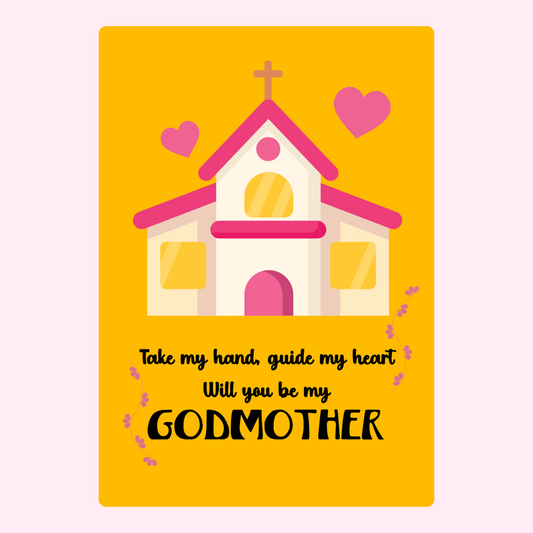 Godmother proposal card with church illustration.