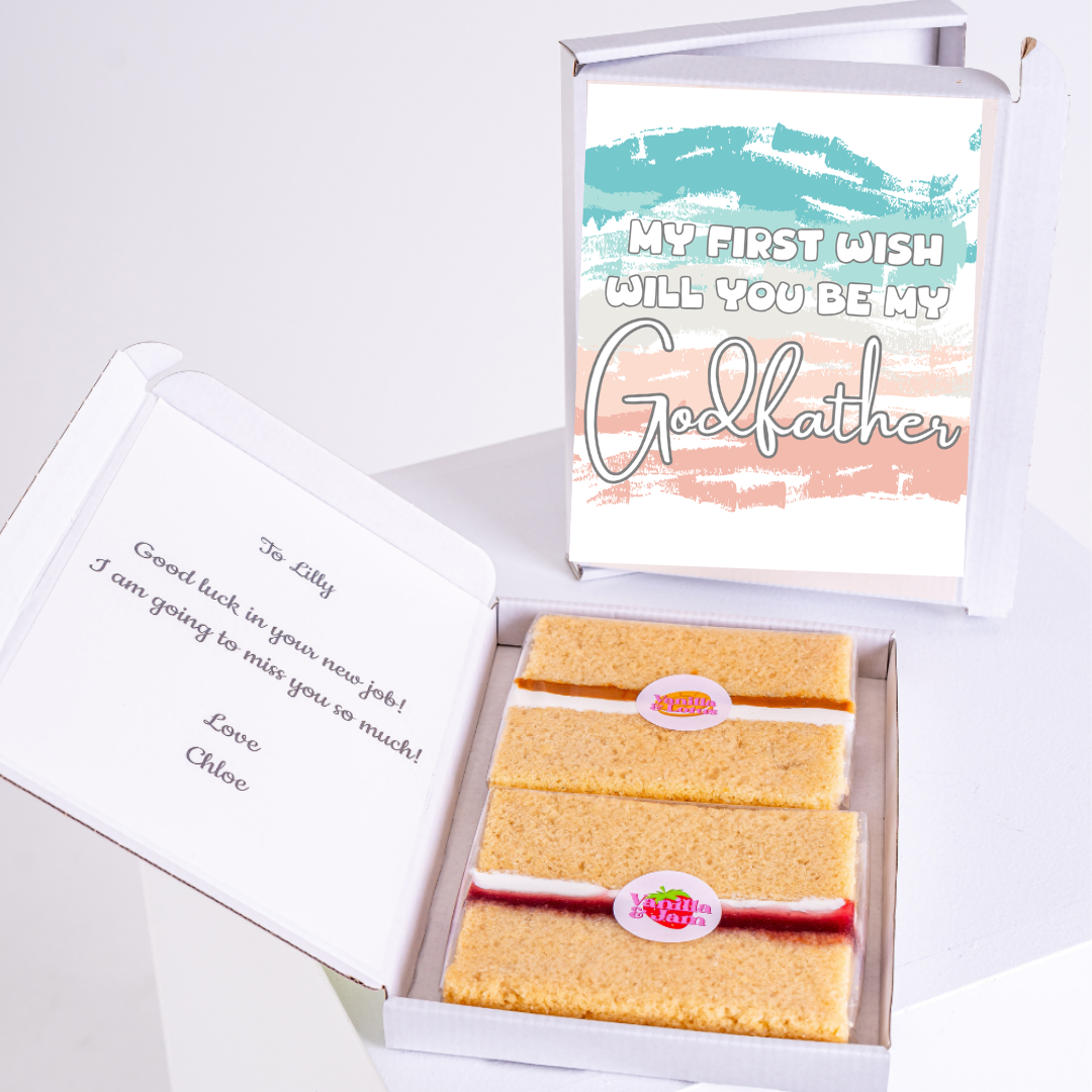 Gift box with cake and Will you be my Godfather card for Lilly.