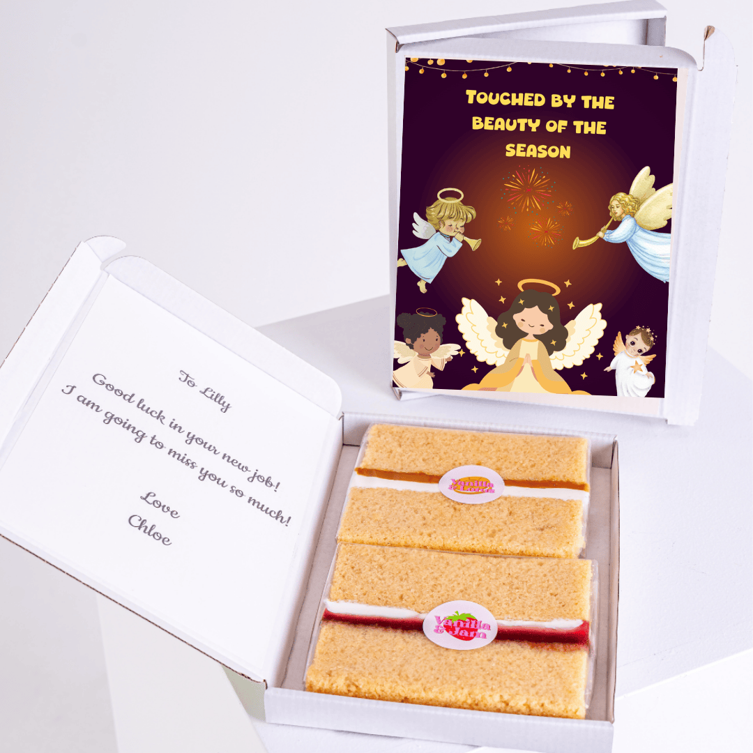 Farewell gift box for Lilly with cake and seasonal card.