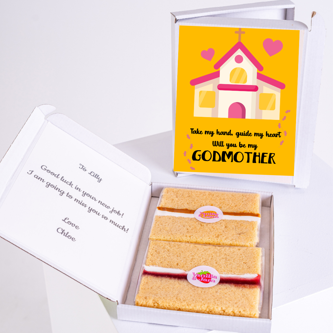 Godmother proposal gift box with cake and message for Lilly.